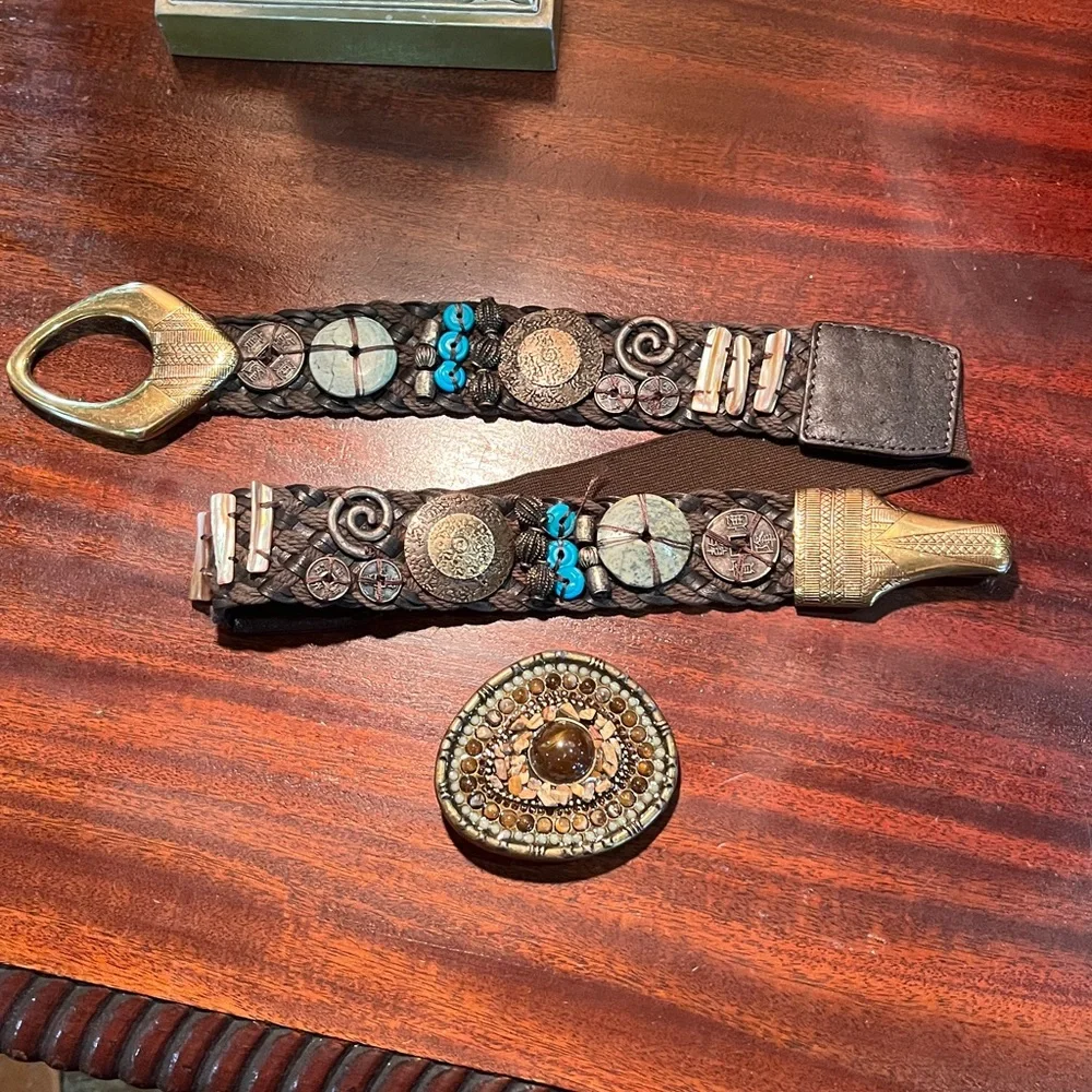 26” art crafted belt and buckle with brown, copper, turquoise colors